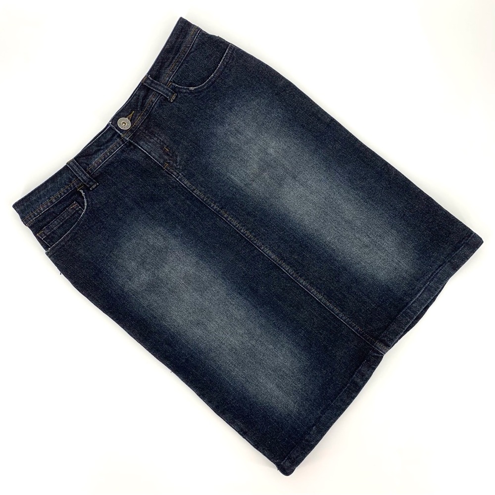 b.u.m. equipment Midnight Blue Distressed Denim Knee Length Pencil Skirt, 6